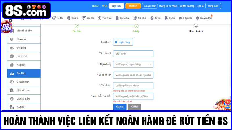 liên kết tài khoản ngân hàng để rút tiền 8S